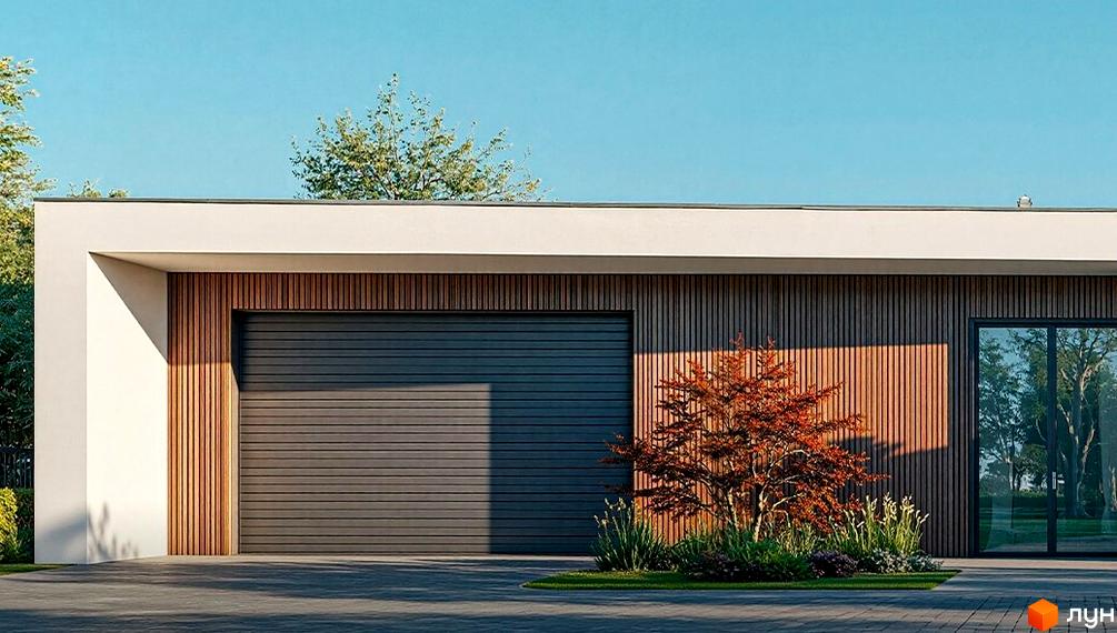 Зовнішній вигляд будинку з гаражними воротами та скляними дверима. Навколо будинку розташовані зелені насадження та дерево з червоним листям.