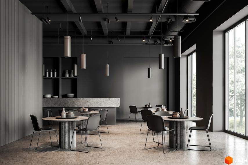 Інтер'єр ресторану в ЖК Botanic Club House з круглими столами та чорними стільцями. Сучасний дизайн з сірими акцентами та великими вікнами.