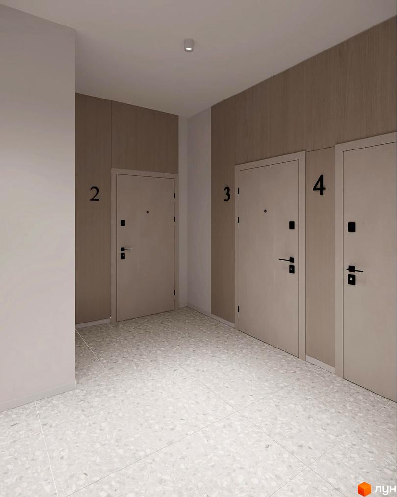 Внутрішній коридор Житлового комплексу Lumen з трьома вхідними дверима, оздобленням стін під дерево та світлою тераццо підлогою.