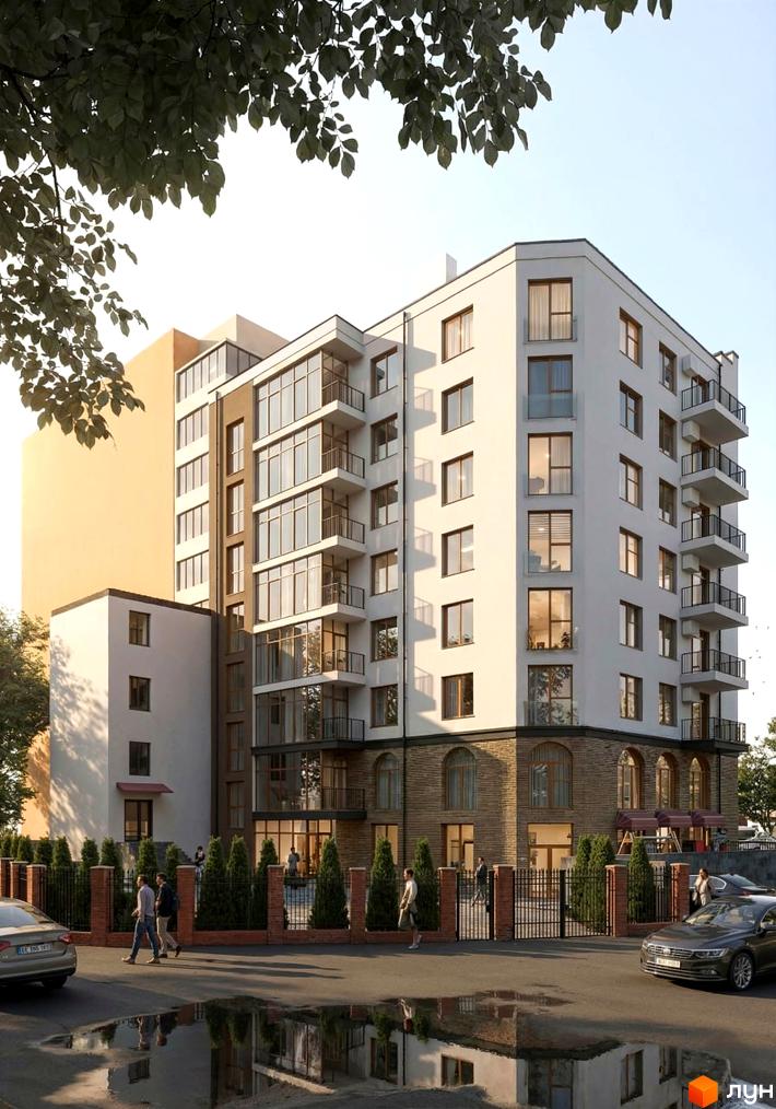 Житловий комплекс Lumen: багатоповерховий будинок з білим фасадом, великими вікнами та балконами. Прибудинкова територія має огорожу та зелені насадження.