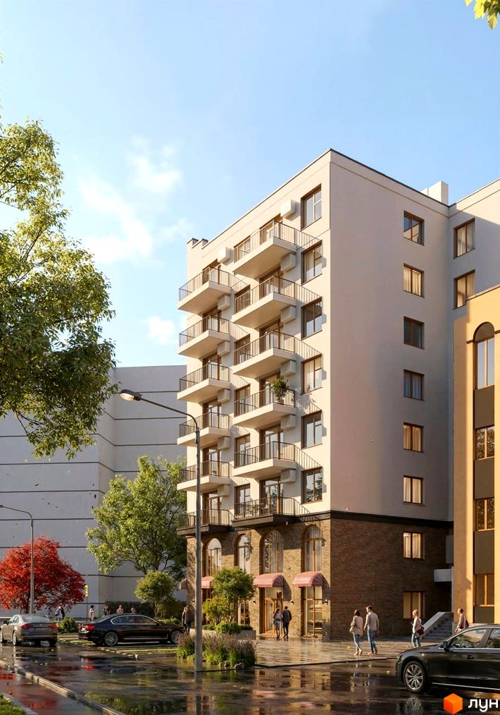 Житловий комплекс Lumen: багатоповерховий будинок зі світлим фасадом, балконами та цегляною основою. Навколо мокра вулиця з автомобілями та деревами.