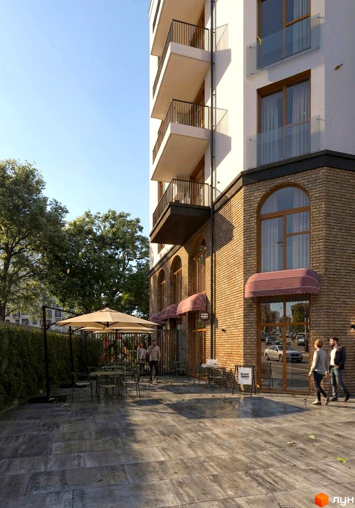 Житловий комплекс Lumen: багатоповерховий будинок з білим фасадом, балконами та цегляним цоколем. Перед ним – відкрита тераса з парасольками.