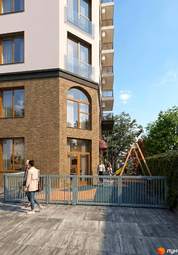 Житловий комплекс Lumen: багатоповерховий будинок з цегляним фасадом та світлими верхніми поверхами, поруч дитячий майданчик та зелені насадження.