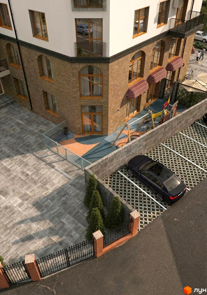 Житловий комплекс Lumen має білий верхній поверх та цегляний фасад з арковими вікнами. Прибудинкова територія включає дитячий майданчик, вимощену плиткою доріжку та паркінг.