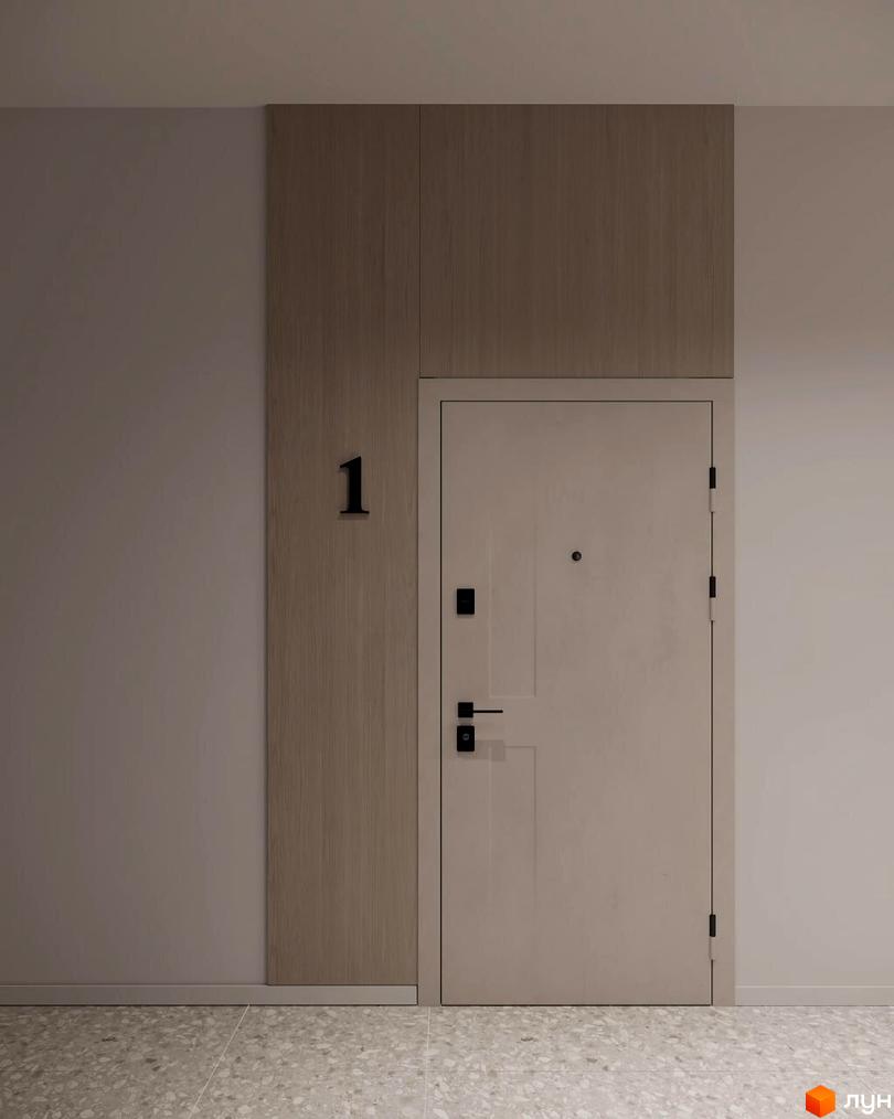 Вхідні двері до квартири №1 у Житловому комплексі Lumen з дерев'яними панелями та світлою підлогою.