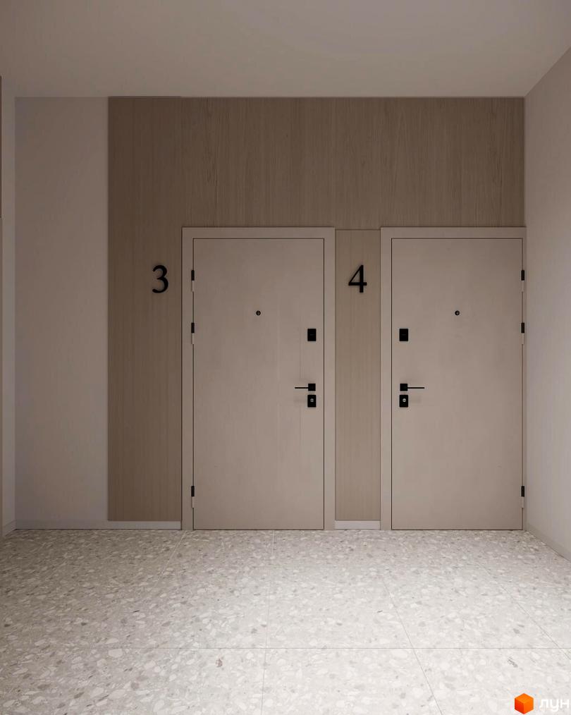 Вхідна група Житлового комплексу Lumen: світлий хол з дверима до квартир 3 та 4, оздоблення стін під дерево та підлога з терраццо.