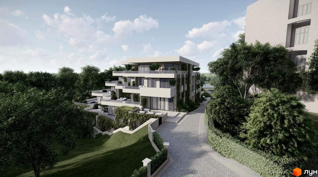 Будинок ЖК Botanic Club House з терасами та зеленню. Навколо будинку розташована доглянута прибудинкова територія з доріжками та газонами.