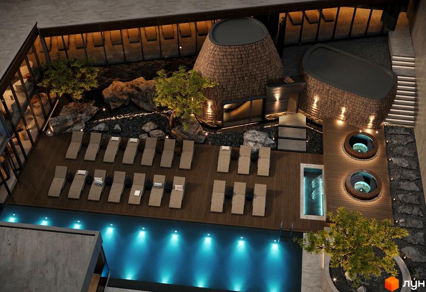 Котеджне містечко FOMICH TOWN з басейном, шезлонгами та зонами відпочинку. Зовнішній вигляд комплексу з оригінальними архітектурними рішеннями та ландшафтним дизайном.