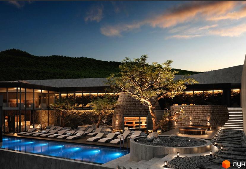 Котеджне містечко КМ FOMICH TOWN з басейном та зоною відпочинку біля гір. Комплекс має сучасну архітектуру та ландшафтний дизайн.