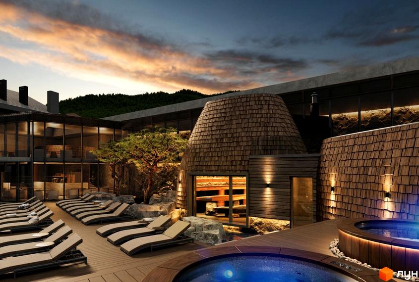 Котеджне містечко FOMICH TOWN: Будівля з великими скляними вікнами та дахами з дерев'яної черепиці. На території є шезлонги, дерева та джакузі.