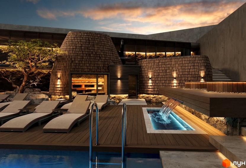 Котеджне містечко FOMICH TOWN з басейном та зоною відпочинку. Зовнішній вигляд будівель з дерев'яною черепицею та кам'яними елементами.