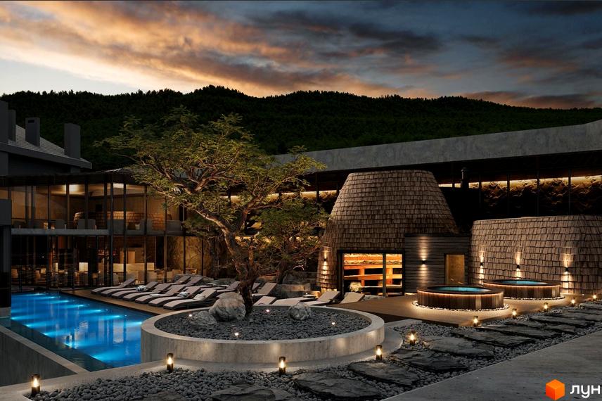 Котеджне містечко FOMICH TOWN: будівлі зі скляними фасадами та конусоподібними спорудами з дерев'яною черепицею. На території є басейн, зони відпочинку та ландшафтний дизайн.