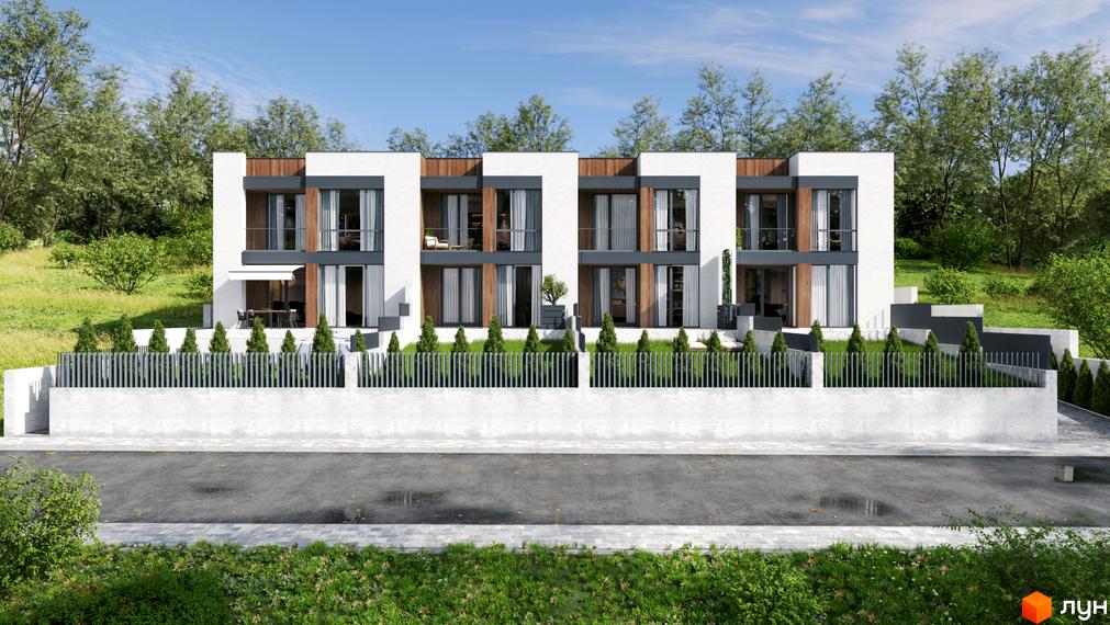 Таунхауси Panorama Heights - двоповерхові будинки з великими вікнами та дерев'яними елементами фасаду, розташовані на фоні зеленого пагорба.