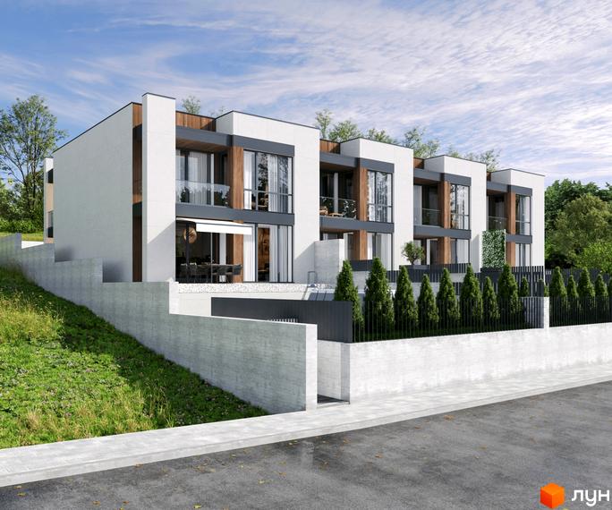 Таунхауси Panorama Heights - триповерхові будинки з білими фасадами, дерев'яними елементами та великими вікнами. Прибудинкова територія з зеленими насадженнями та огорожею.