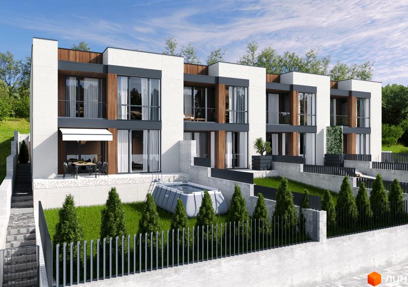 Таунхауси Panorama Heights: фасади з білих панелей та дерев'яних елементів, великі вікна. На території зелений газон, невеликий басейн та тераса.