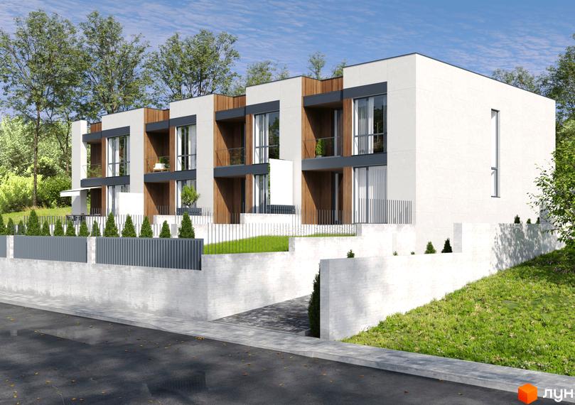 Таунхауси Panorama Heights з дерев'яними елементами та великими вікнами. Прибудинкова територія з газоном та огорожею.