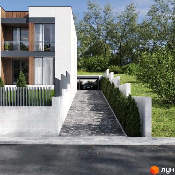 Таунхауси Panorama Heights з бетонним фасадом, дерев'яними вставками та парканом. Прибудинкова територія з вимощеним бруківкою під'їздом до гаража та зеленими насадженнями.