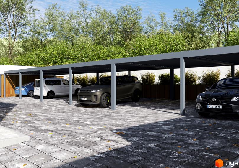 Таунхауси Panorama Heights з навісом для автомобілів та вимощеною територією. Автомобілі припарковані під навісом на фоні зелені.