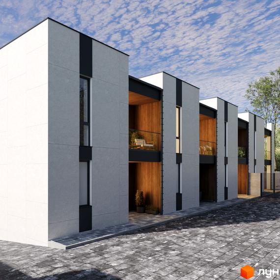 Зображення Таунхауси Panorama Heights: ряд будинків зі світло-сірими фасадами, дерев'яними вставками та балконами. Територія вимощена бруківкою.