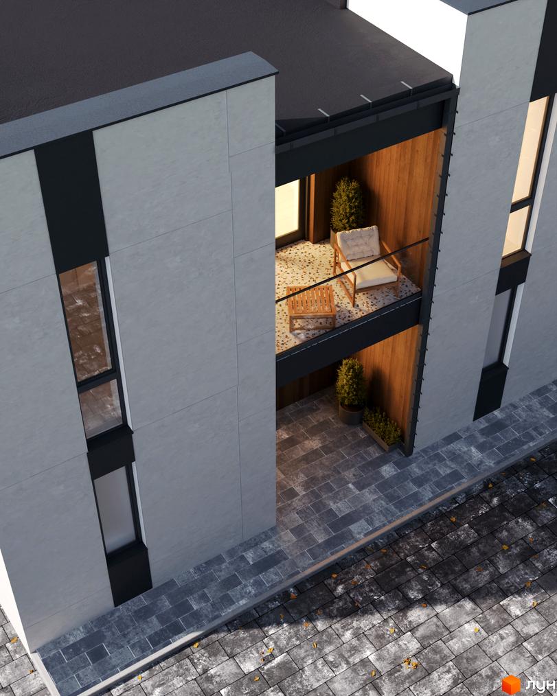 Фасад Таунхаусів Panorama Heights виконаний у світло-сірих панелях з темними акцентами та вертикальними вікнами. На балконах та прибудинковій території розташовані зони відпочинку з рослинами та бруківкою.