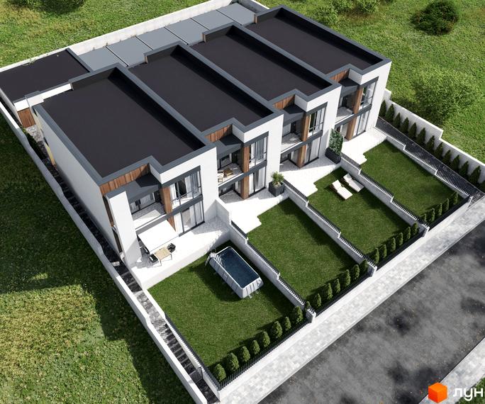 Таунхауси Panorama Heights з білим фасадом, темними дахами та індивідуальними ділянками з газоном та басейном. Комплекс розташований серед зелених насаджень.