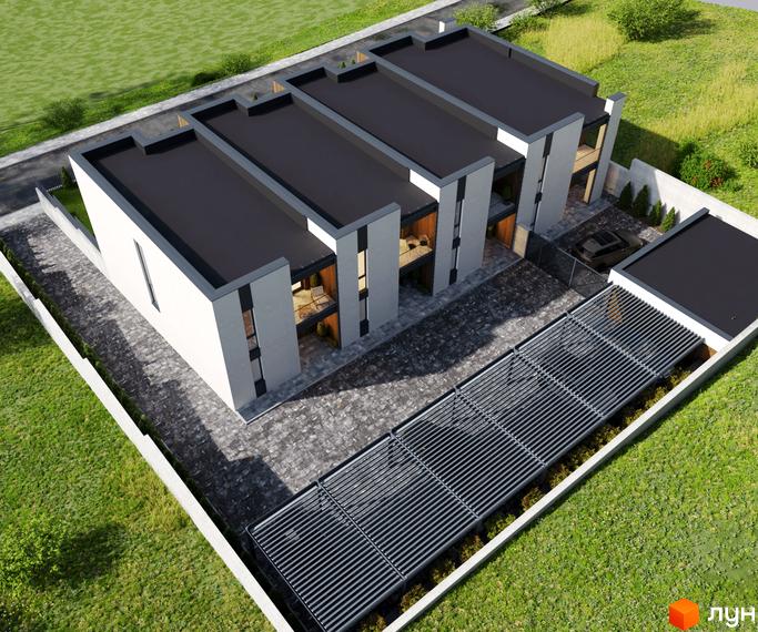 Таунхауси Panorama Heights з пласкими дахами та великими вікнами. Прибудинкова територія з бруківкою та зеленою зоною.