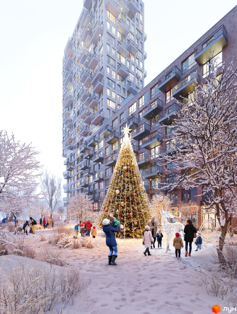 Новобудова ЖК The TENTH House взимку з ялинкою та оленями. Прибудинкова територія з людьми та деревами в снігу.