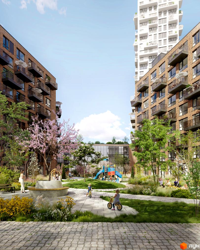 Зовнішній вигляд будинків ЖК The TENTH House з цегляним фасадом та балконами, зелена прибудинкова територія з дитячим майданчиком та зонами відпочинку.