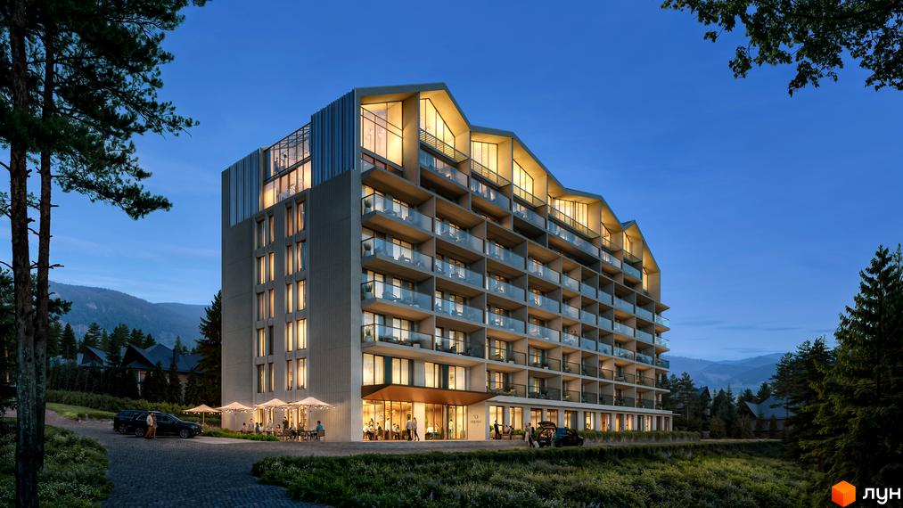 Зовнішній вигляд житлового комплексу Vdoma Living з балконами та терасами, оточений деревами та гірським ландшафтом.