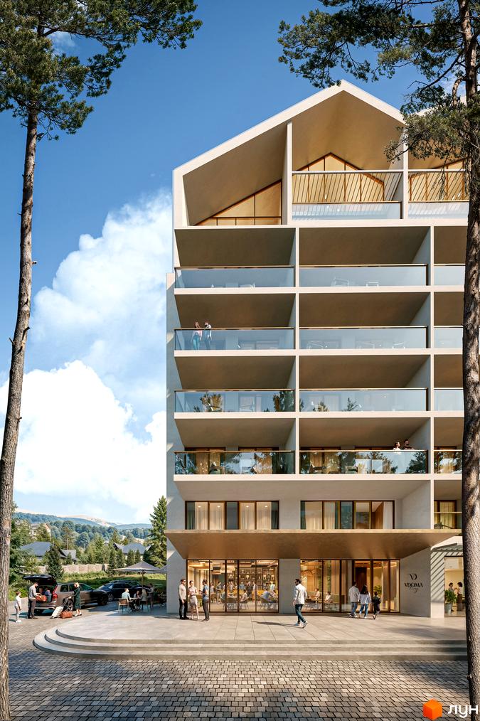 Зовнішній вигляд житлового комплексу Vdoma Living з балконами та панорамними вікнами, прибудинкова територія з деревами та місцями для відпочинку.