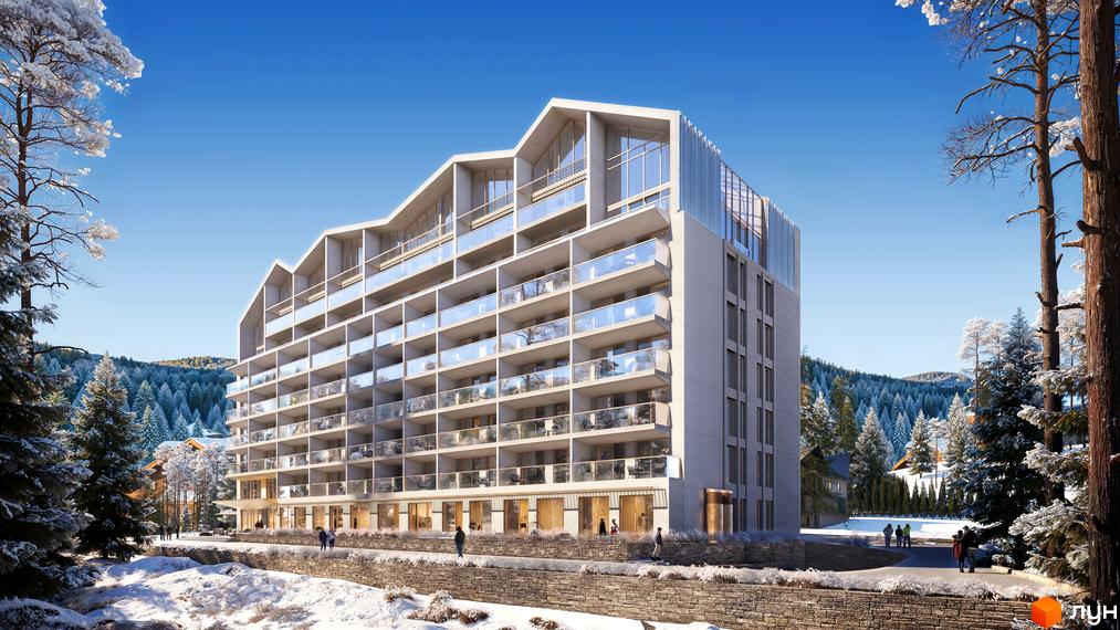 Vdoma Living - багатоповерховий житловий комплекс з балконами та панорамними вікнами на тлі засніженого лісу. Навколо комплексу - дерева та снігові пейзажі.