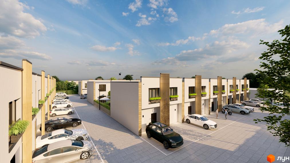 Зовнішній вигляд таунхаусів Sanville Park з парковкою та зеленими насадженнями. Новобудова з сучасними фасадами та доглянутою прибудинковою територією.