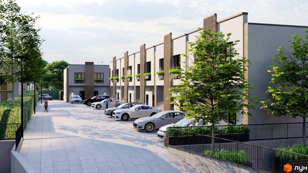 Зовнішній вигляд таунхаусів Sanville Park з парковкою та зеленими насадженнями. Новобудова з сучасним дизайном.