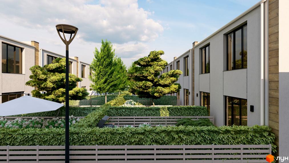 Таунхауси Sanville Park з сучасним фасадом та доглянутою прибудинковою територією з деревами та зеленими насадженнями.