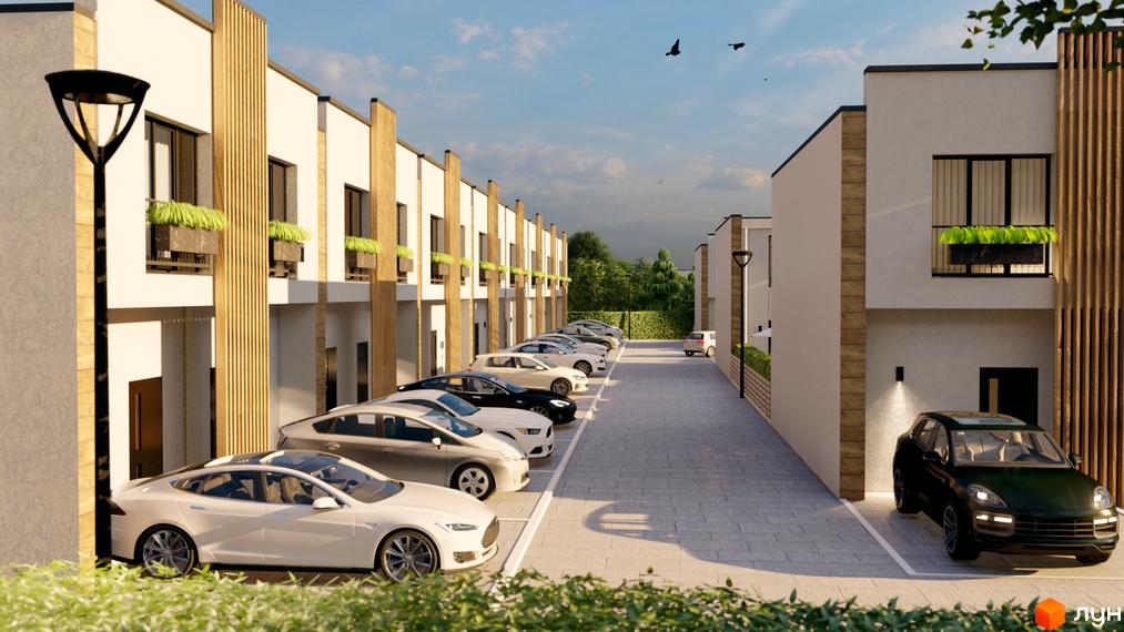 Таунхауси Sanville Park з парковкою та зеленими насадженнями. Зовнішній вигляд будинків з дерев'яними елементами та паркувальні місця для автомобілів.