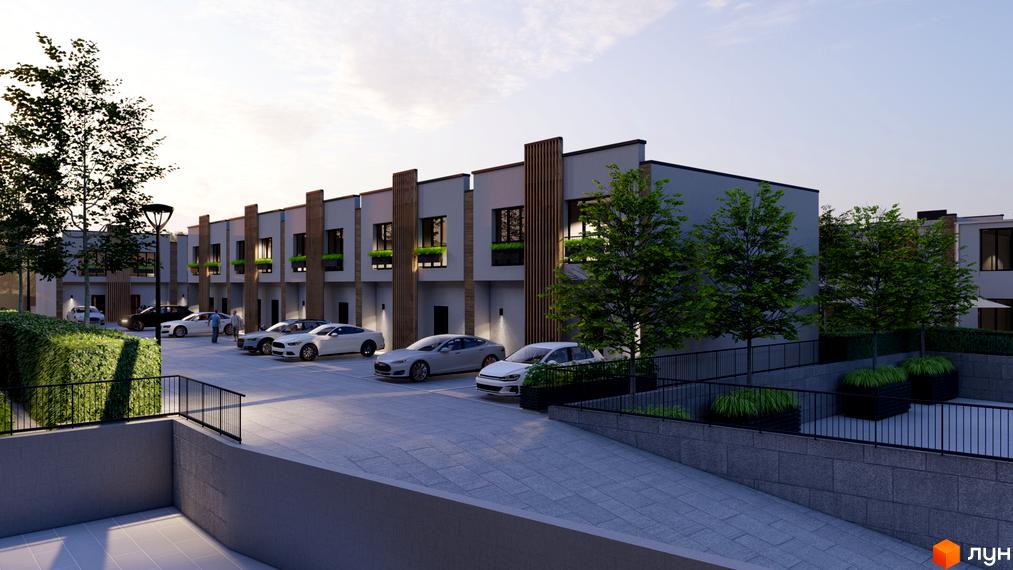 Таунхауси Sanville Park з парковкою та зеленими зонами. Зовнішній вигляд будинків та прибудинкової території.