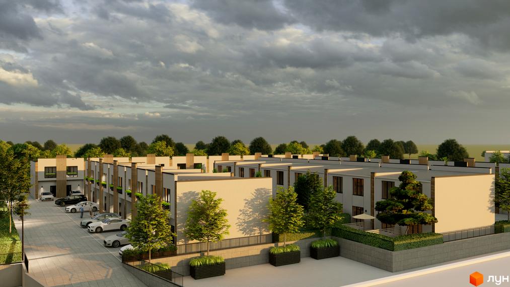 Зображення Таунхауси Sanville Park: ряд таунхаусів зі світлими фасадами, темними вікнами, парковкою та зеленими насадженнями.