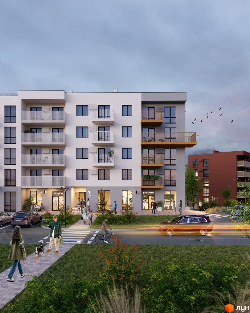 Зовнішній вигляд новобудови ЖК Під сонцем з балконами та вікнами, прибудинкова територія з пішохідною доріжкою та дорогою.