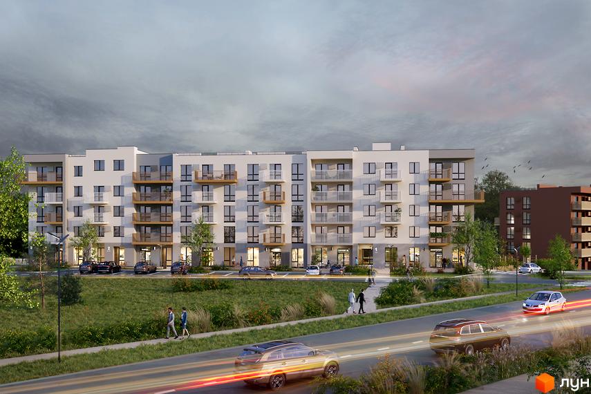 Житловий комплекс Під сонцем: світлий багатоповерховий будинок з балконами та комерційними приміщеннями. Поруч зелена зона, дорога та пішоходи.