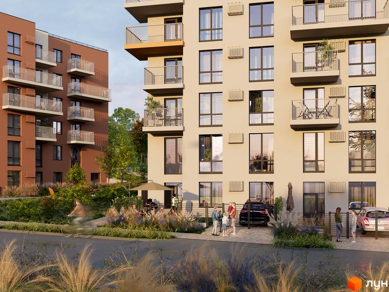 Житловий комплекс Під сонцем: фасад будинку з балконами та кондиціонерами, зелена прибудинкова територія з місцями для відпочинку та автомобілями.