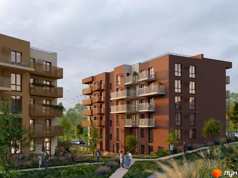 Новобудова ЖК Під сонцем з коричневими та бежевими фасадами, балконами та прибудинковою територією з деревами та доріжками.