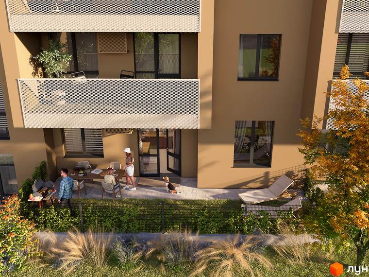 Житловий комплекс Під сонцем: фасад будинку бежевого кольору з балконами, прибудинкова територія з патіо, барбекю та зеленими насадженнями.