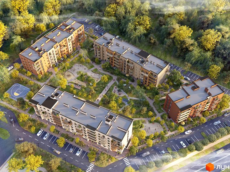 ЖК Під сонцем: багатоповерхові будинки коричневого та світлого кольору, оточені зеленими насадженнями, дитячими майданчиками та пішохідними доріжками.