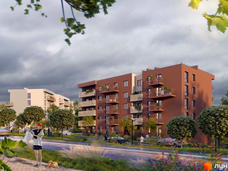 Житловий комплекс Під сонцем. Зовнішній вигляд будівель з балконами та прибудинковою територією з деревами та дорогою.