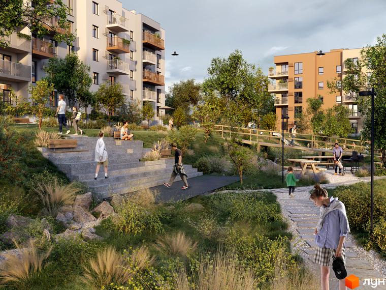 Житловий комплекс Під сонцем з багатоповерховими будинками світлих та помаранчевих відтінків. Прибудинкова територія має зелені насадження, пішохідні доріжки та зони відпочинку.