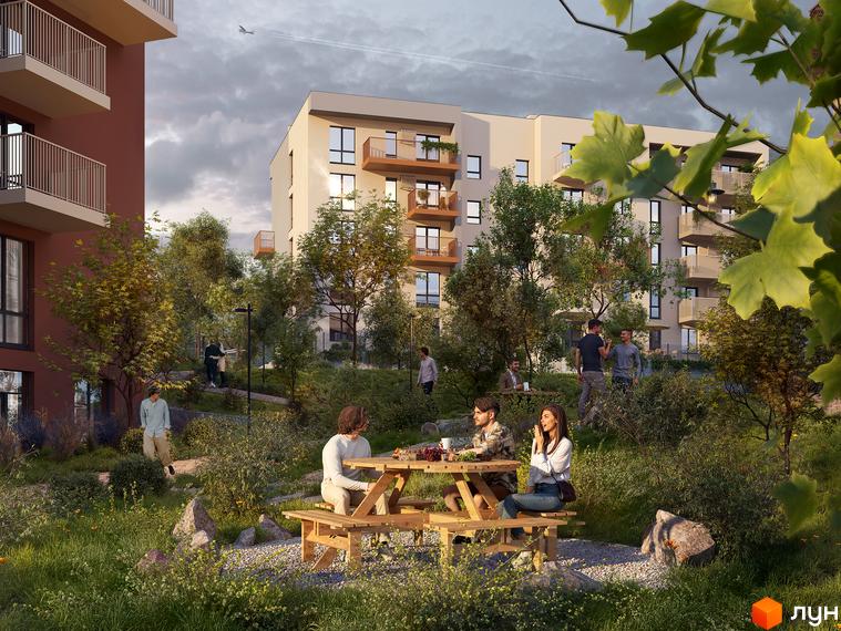 Житловий комплекс Під сонцем: багатоповерхові будинки з балконами та озеленена прибудинкова територія з місцями для відпочинку.
