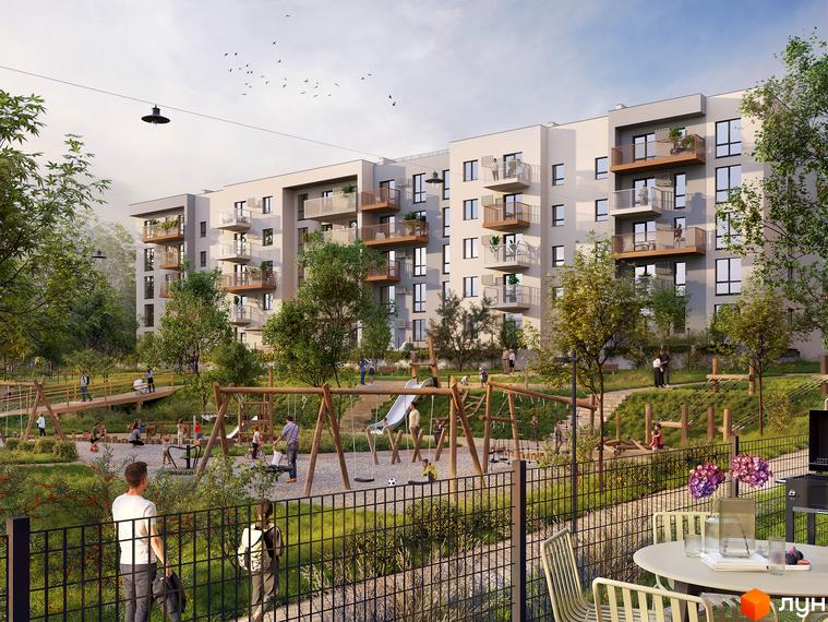 Житловий комплекс Під сонцем: сучасна архітектура будівель та облаштований дитячий майданчик з зонами відпочинку.
