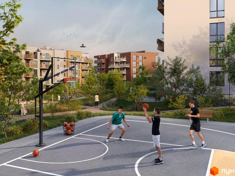 Житловий комплекс Під сонцем: триповерхові будинки з балконами та баскетбольний майданчик з людьми.
