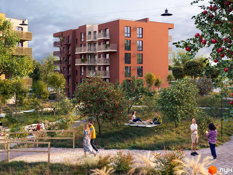 Новобудова Під сонцем: житловий будинок цегляного кольору з балконами, оточений доглянутою зеленою територією з деревами та зонами відпочинку.