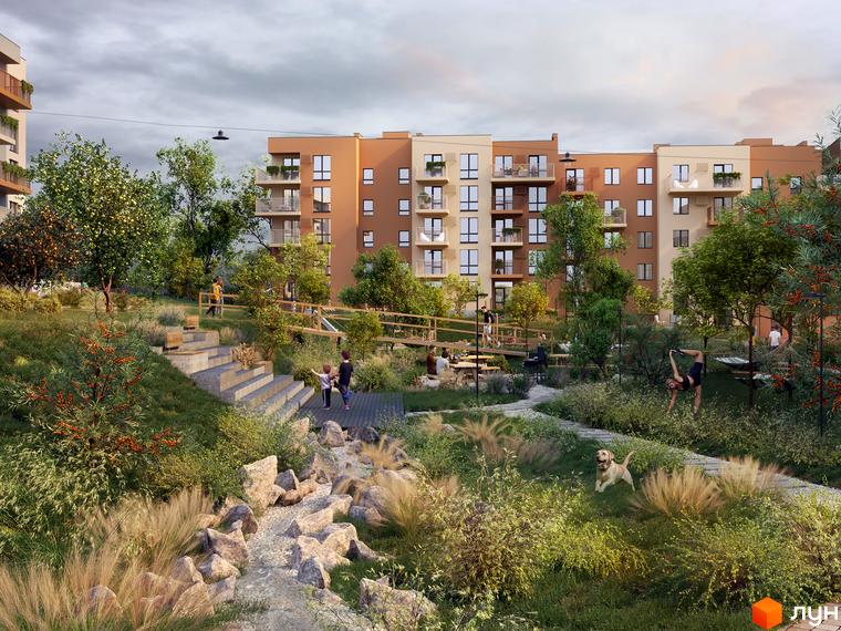 Житловий комплекс Під сонцем: багатоповерхові будинки коричневих та бежевих відтінків, оточені зеленою прибудинковою територією.